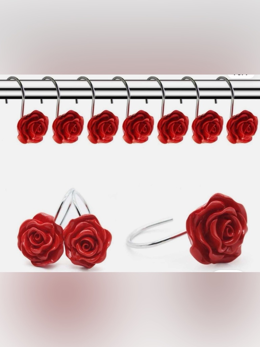 Set of 12 Red Rose Shower Curtain Hooks - Elegant Floral Accent